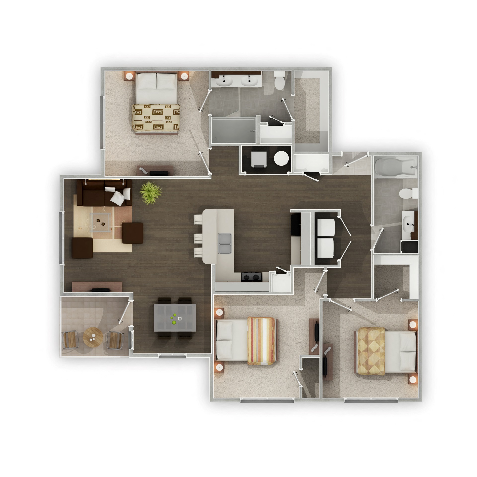 Floor plan for 3 beds, 2 baths, 1305 sqft
